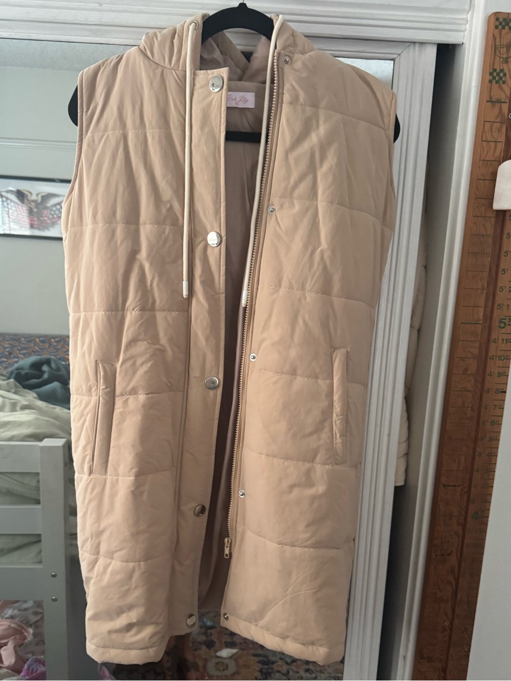 Pink Lily Quilted Hooded Puffer Vest - Beige/Tan